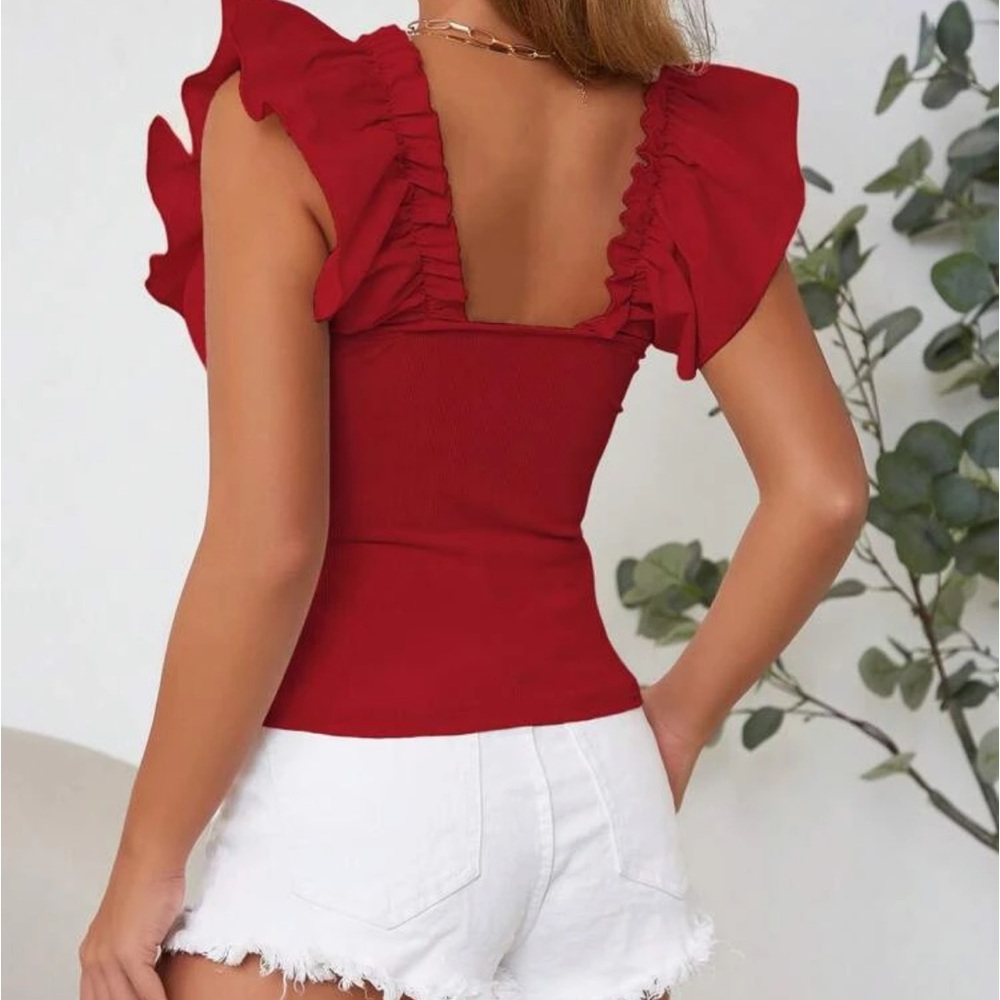 Solid Off Shoulder Ruffle Trim Tee - Picture 2 of 4